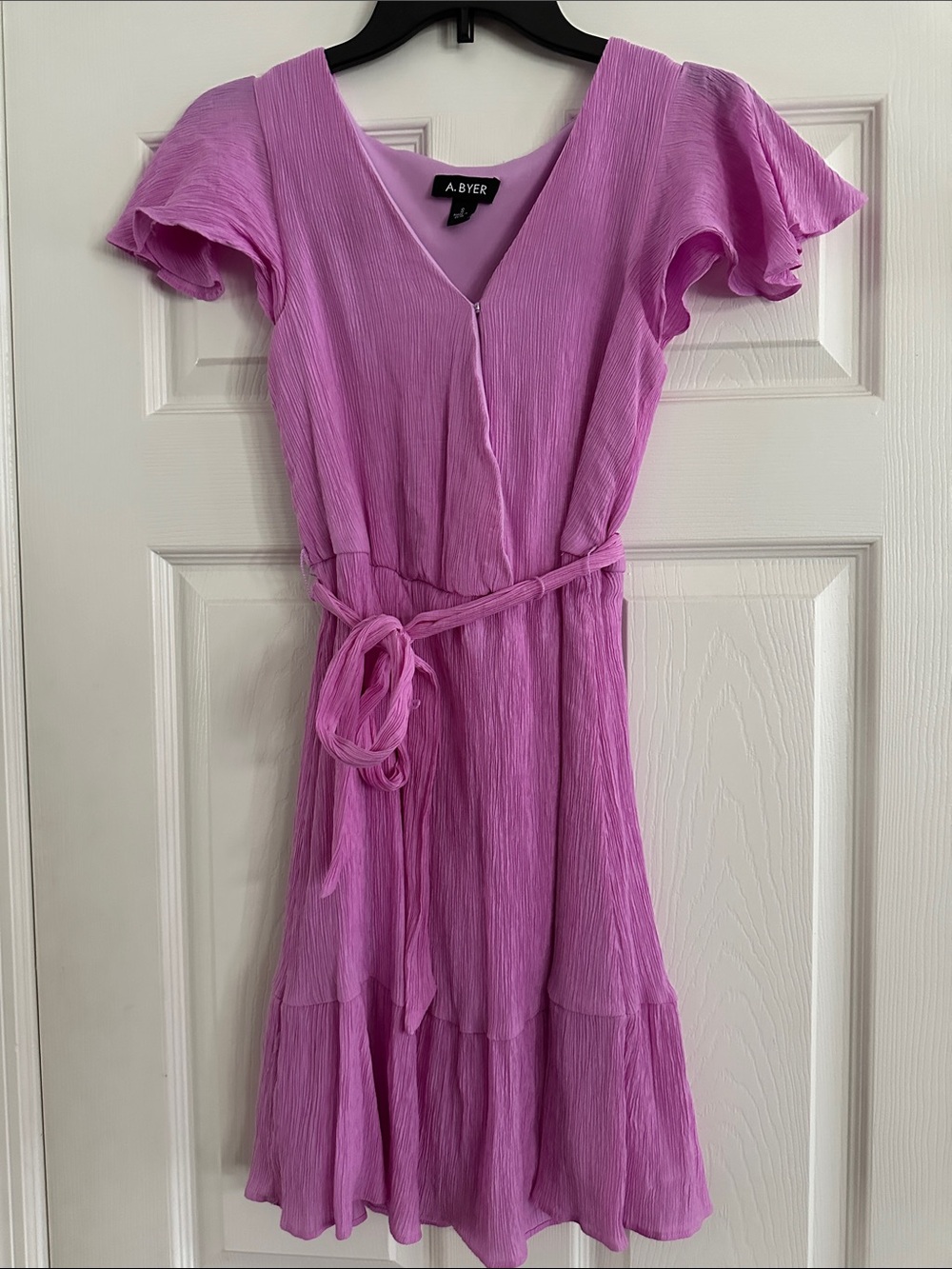 A. Byer Lilac V-Neck Flutter Sleeve Tie-Waist Dress